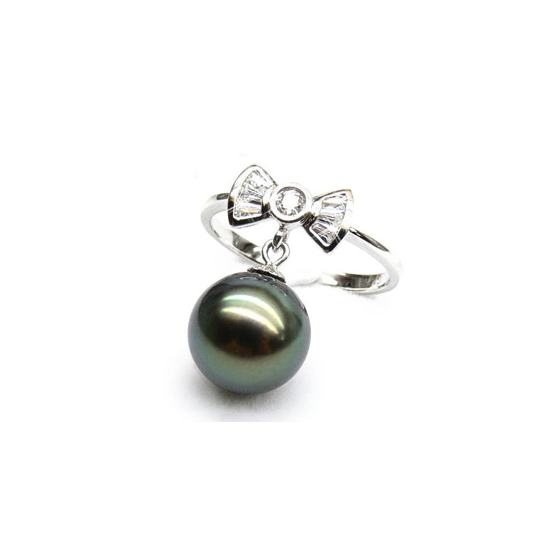 Anello Nodo Farfalla - Oro Bianco, Diamanti e Perla di Tahiti - 1