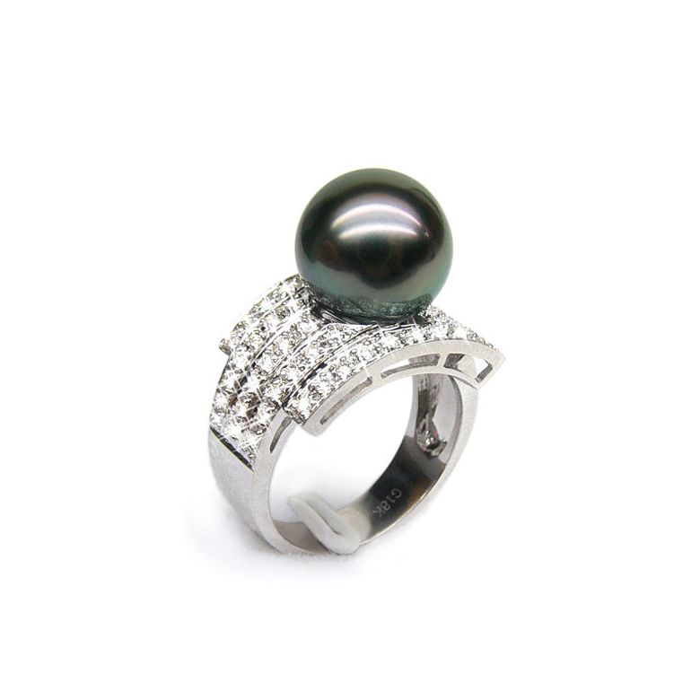 Anello Staniel - Oro Bianco, Diamanti e Perla di Tahiti - 1