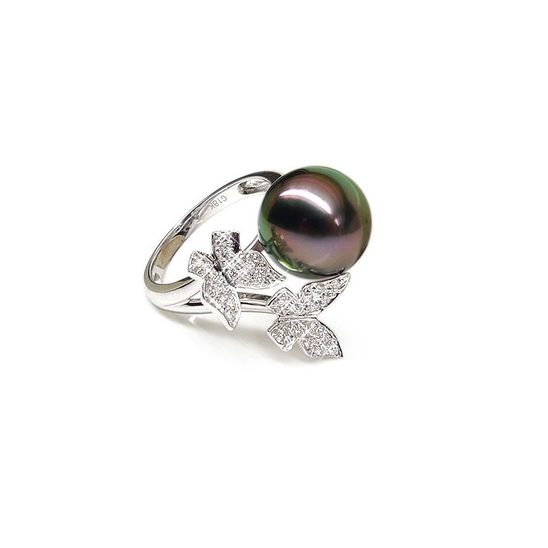 Anello Farfalla Maiao - Oro Bianco, Diamanti e Perla di Tahiti - 1