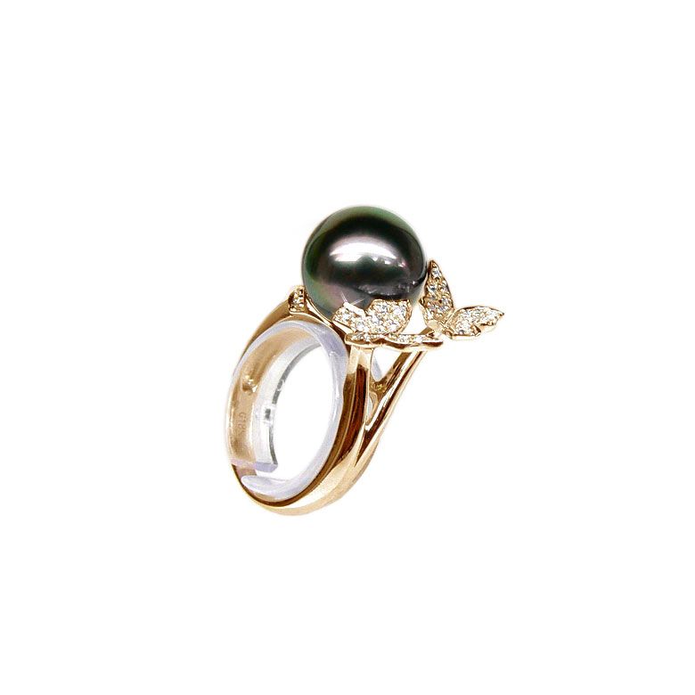 Anello Farfalla Pirae - Oro Giallo, Diamanti e Perla di Tahiti - 1