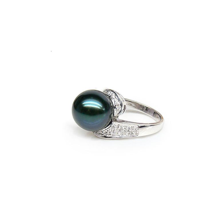 Anello Santa Luzia - Oro Bianco, Diamanti e Perla di Tahiti - 1