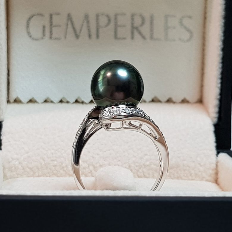 Anello Santa Luzia - Oro Bianco, Diamanti e Perla di Tahiti - 6