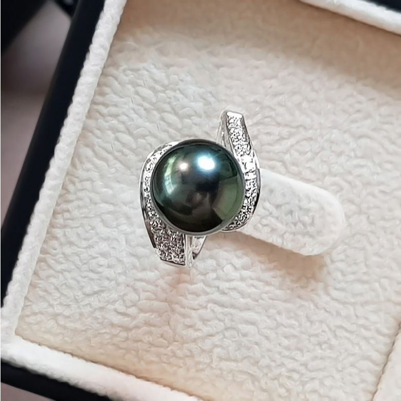 Anello Santa Luzia - Oro Bianco, Diamanti e Perla di Tahiti - 3