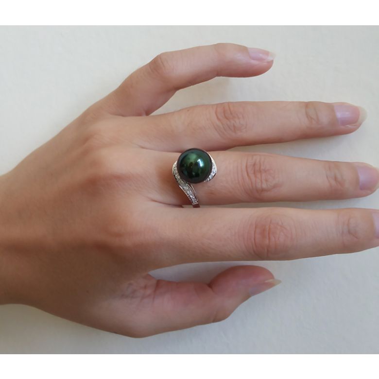 Anello Santa Luzia - Oro Bianco, Diamanti e Perla di Tahiti - 10