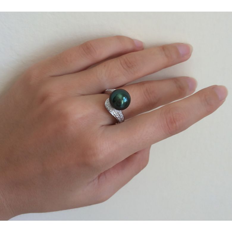 Anello Santa Luzia - Oro Bianco, Diamanti e Perla di Tahiti - 9