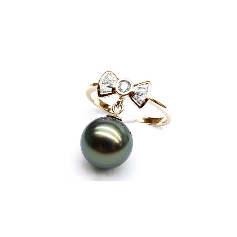Anello Nodo Farfalla - Oro Giallo, Diamanti e Perla di Tahiti - 2