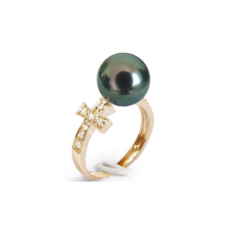 Anello Croce - Oro Giallo, Diamanti e  Perla di Tahiti Nera - 1