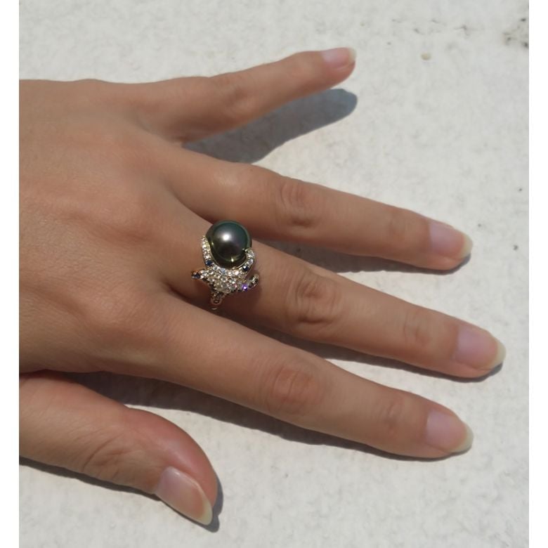 Anello Fatu Hiva - Oro Giallo, Diamanti e Perla di Tahiti - 3