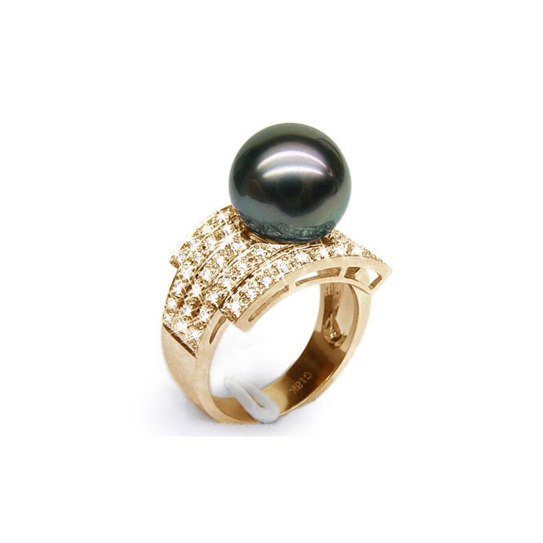 Anello Santiago - Oro Giallo, Diamanti e Perla di Tahiti - 1
