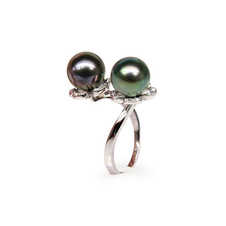 Anello Branco - Oro Bianco, Diamanti e Perle di Tahiti - 1
