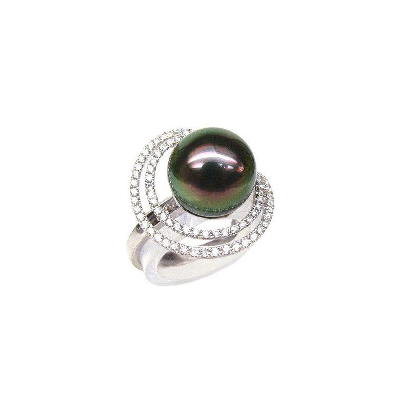 Anello Mariannes - Oro Bianco, Diamanti e Perla di Tahiti - 1