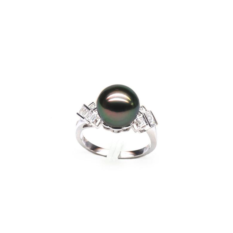 Anello Java - Oro Bianco, Diamanti e Perla di Tahiti - 1