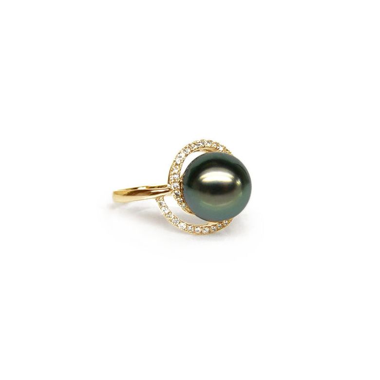 Anello Madagascar - Oro Giallo, Diamanti e Perla di Tahiti - 1