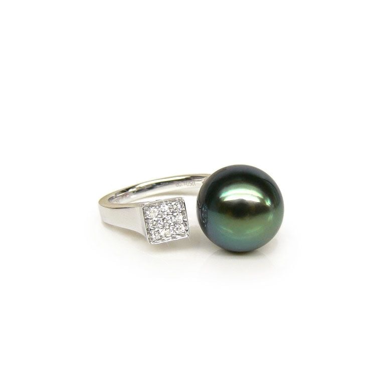 Anello Outflow - Oro Bianco, Diamanti e Perla di Tahiti - 1
