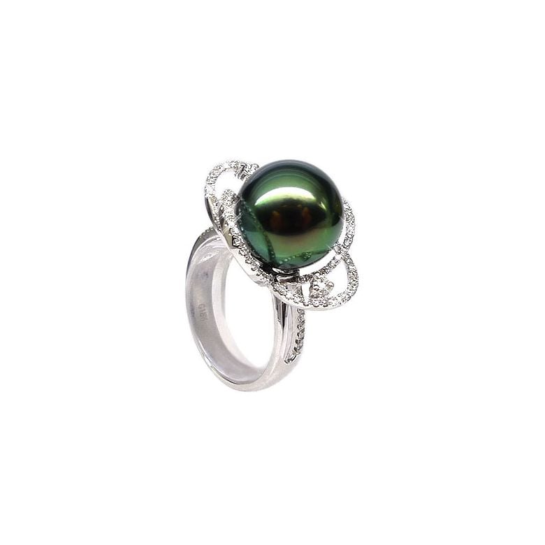 Anello Floride - Oro Bianco, Diamanti e Perla di Tahiti - 1