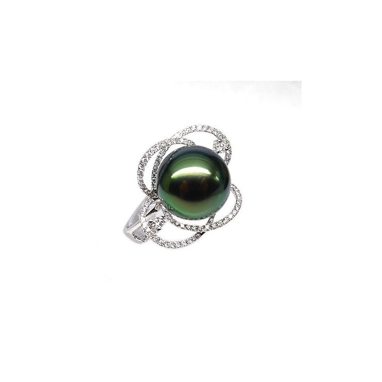 Anello Floride - Oro Bianco, Diamanti e Perla di Tahiti - 2