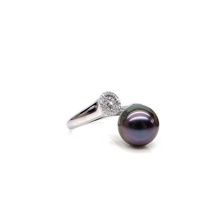 Anello Malouines - Oro Bianco, Diamanti e Perla di Tahiti - 1