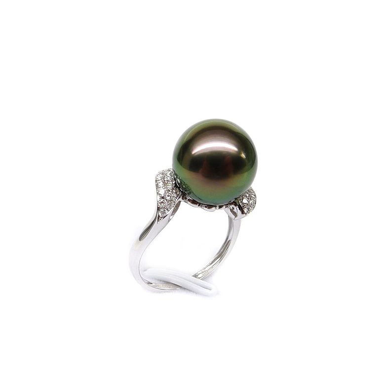 Anello Standing - Oro Bianco, Diamanti e Perla di Tahiti - 1
