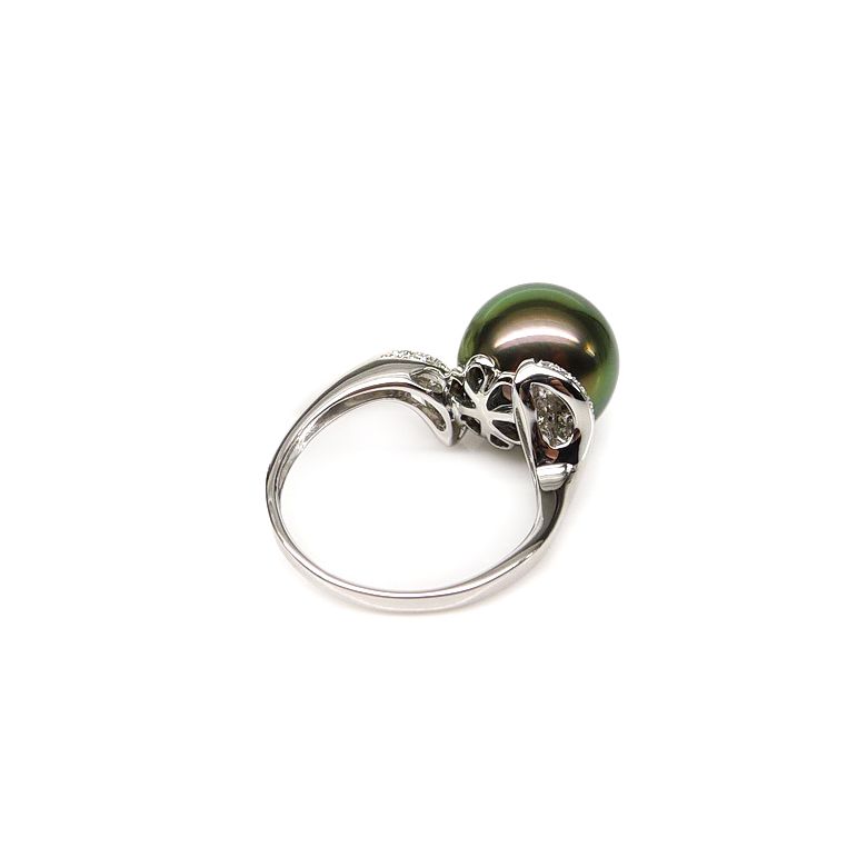 Anello Standing - Oro Bianco, Diamanti e Perla di Tahiti - 3