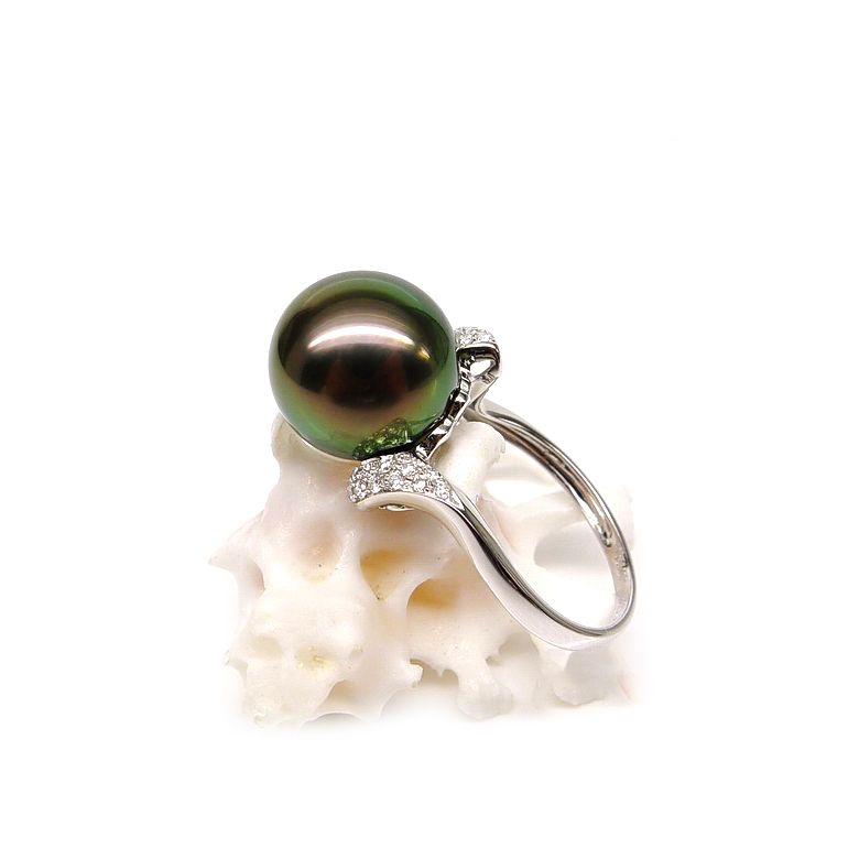 Anello Standing - Oro Bianco, Diamanti e Perla di Tahiti - 2