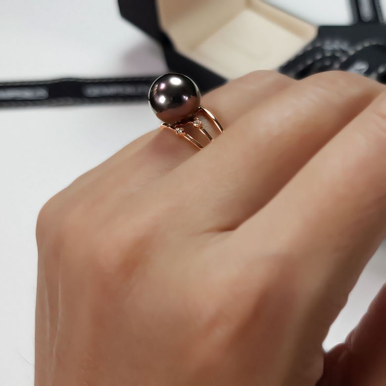 Anello Triplo Castle - Oro Rosa, Diamanti e Perla di Tahiti - 4