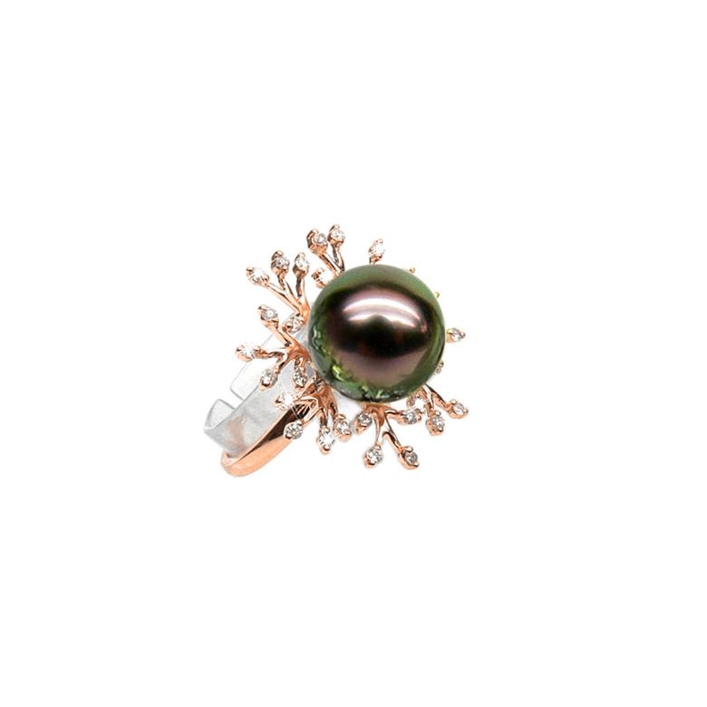 Anello Coraliens - Oro Rosa, Diamanti e Perla di Tahiti - 1