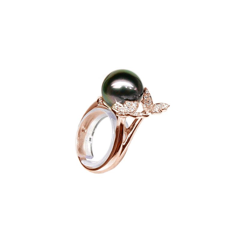 Anello Farfalla Pirae - Oro Rosa, Diamanti e Perla di Tahiti - 1