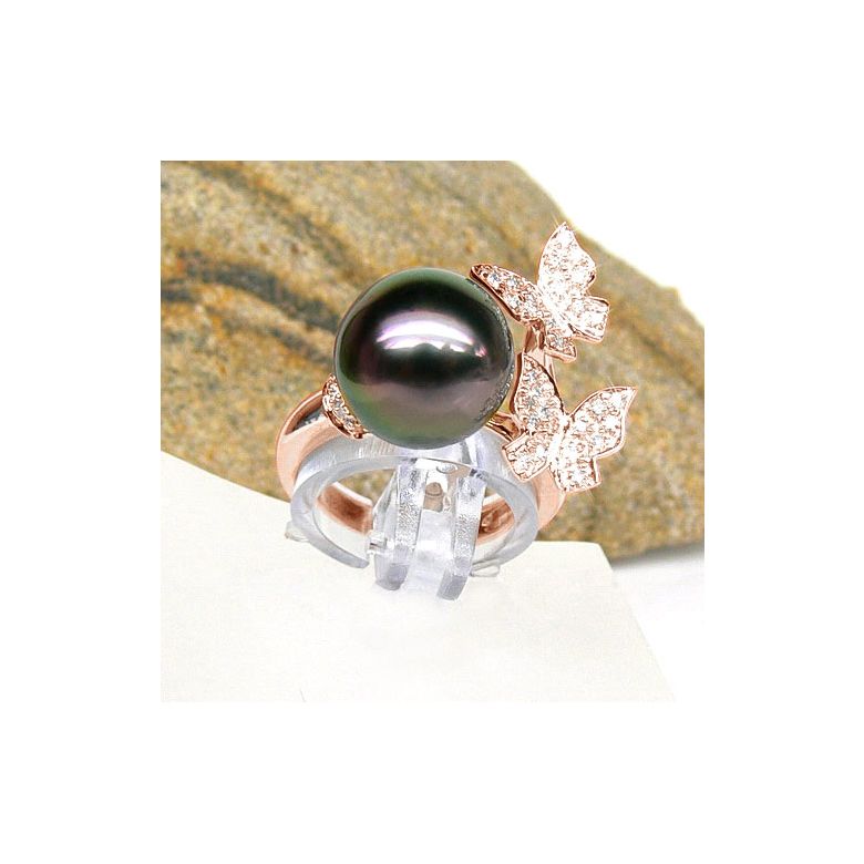 Anello Farfalla Pirae - Oro Rosa, Diamanti e Perla di Tahiti - 2