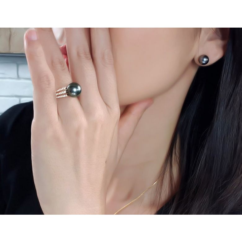 Anello Océan - Oro Rosa, Diamanti e Perla di Tahiti - 2