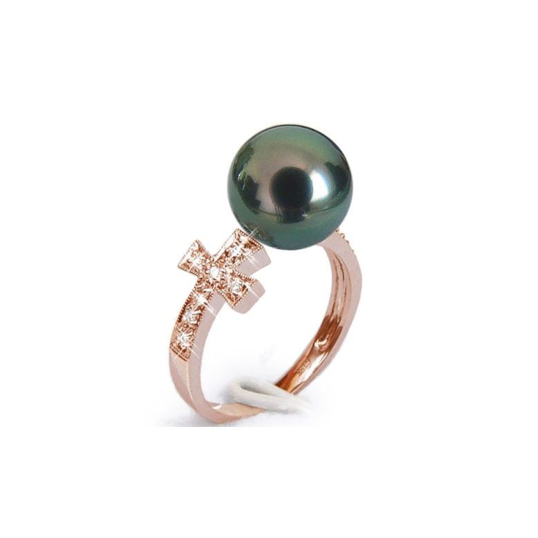 Anello Croce - Oro Rosa, Diamanti e  Perla di Tahiti Nera - 1