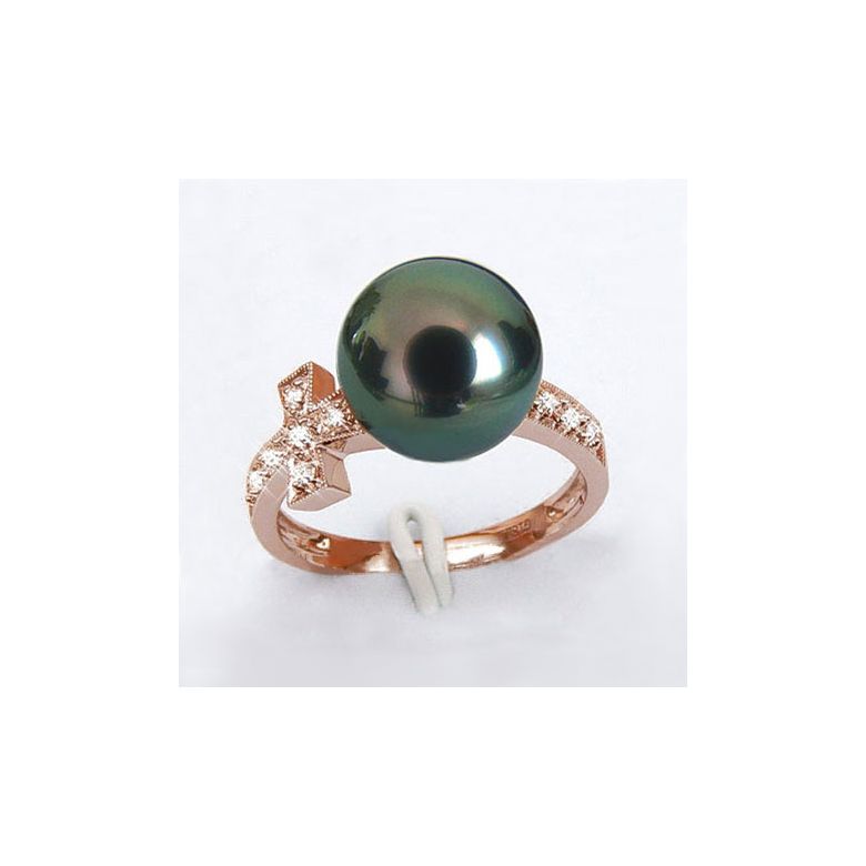 Anello Croce - Oro Rosa, Diamanti e  Perla di Tahiti Nera - 2