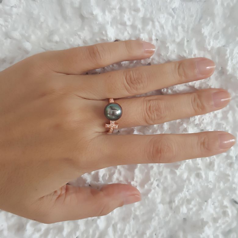 Anello Croce - Oro Rosa, Diamanti e  Perla di Tahiti Nera - 5