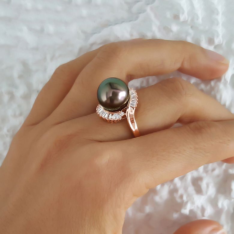 Anello Couronne - Oro Rosa, Diamanti e Perla di Tahiti - 4