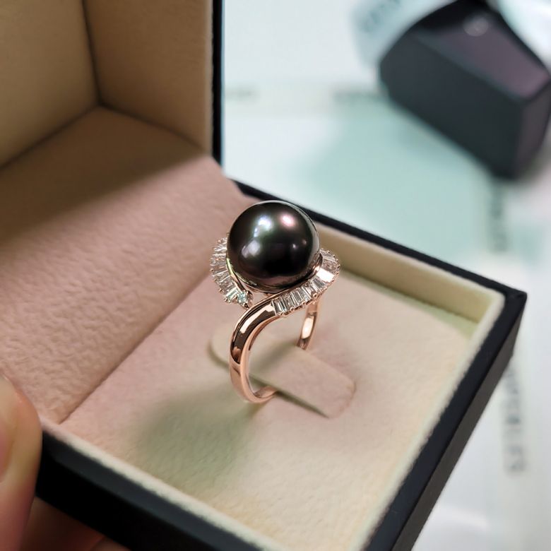 Anello Couronne - Oro Rosa, Diamanti e Perla di Tahiti - 7