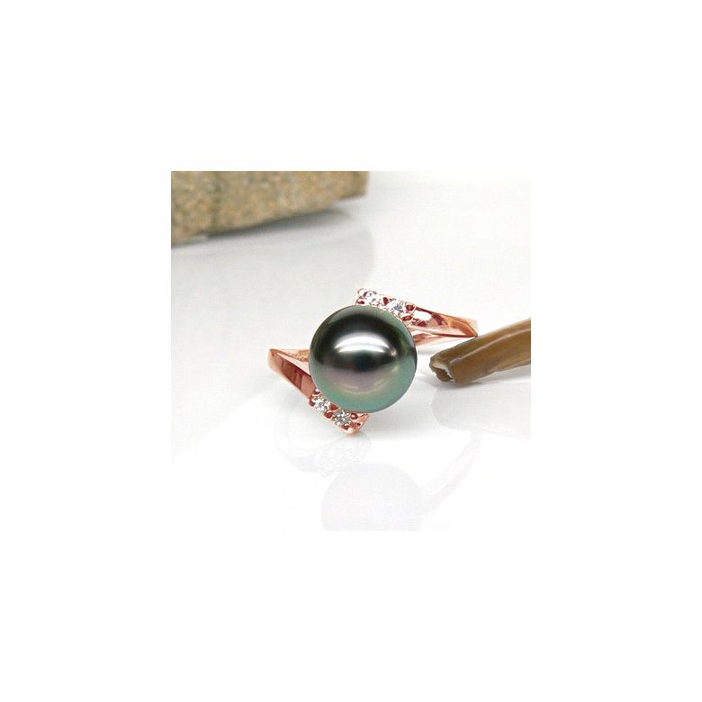 Anello Zabargad - Oro Rosa, Diamanti e Perla di Tahiti - 4