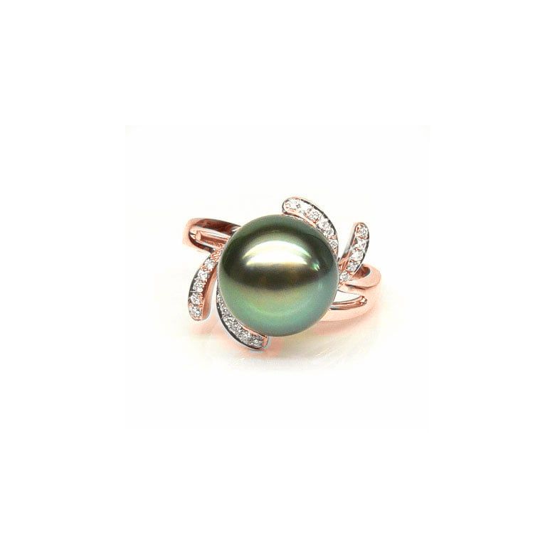 Anello Fiore - Oro Rosa, Diamanti e Perla di Tahiti - 1