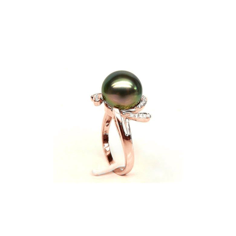 Anello Fiore - Oro Rosa, Diamanti e Perla di Tahiti - 3