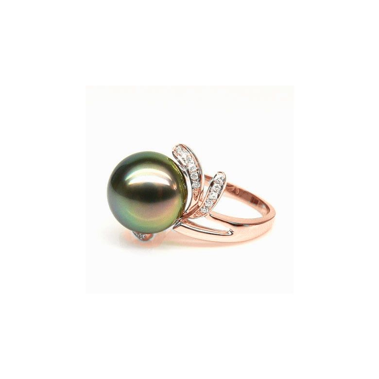 Anello Fiore - Oro Rosa, Diamanti e Perla di Tahiti - 5