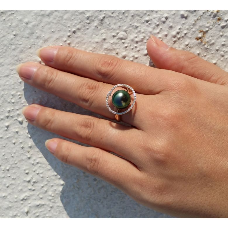 Anello Caraïbes - Oro Rosa, Diamanti e Perla di Tahiti - 3