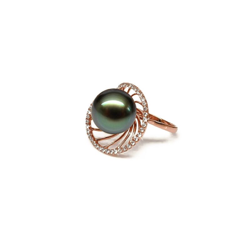 Anello Elliptique - Oro Rosa, Diamanti e Perla di Tahiti - 2