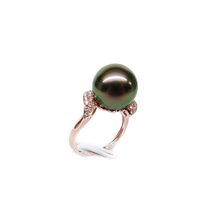 Anello Standing - Oro Rosa, Diamanti e Perla di Tahiti - 1