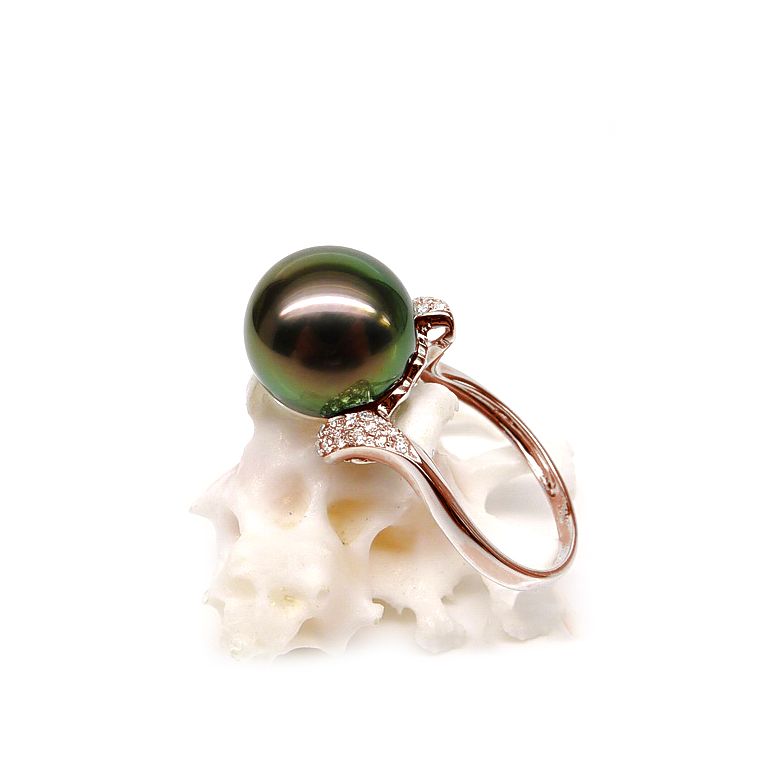 Anello Standing - Oro Rosa, Diamanti e Perla di Tahiti - 2