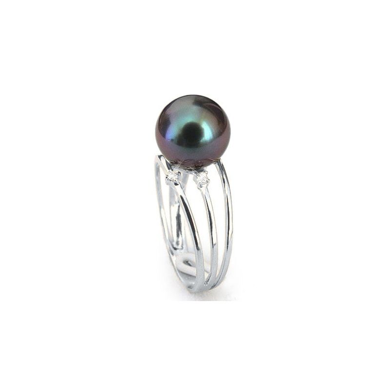 Anello Triplo Castle - Oro Bianco, Diamanti e Perla di Tahiti - 1