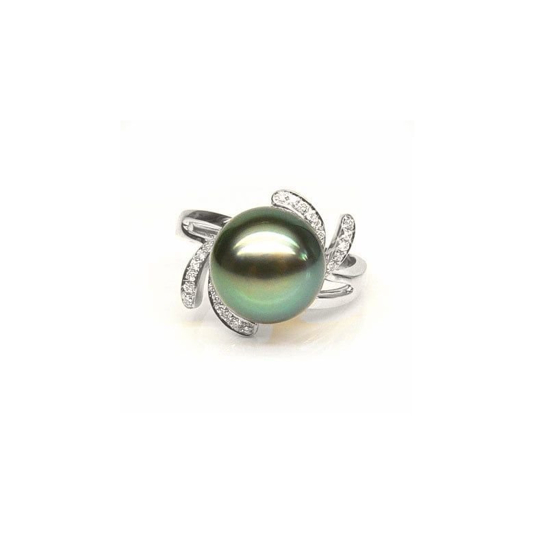Anello Fiore - Oro Bianco, Diamanti e Perla di Tahiti - 1