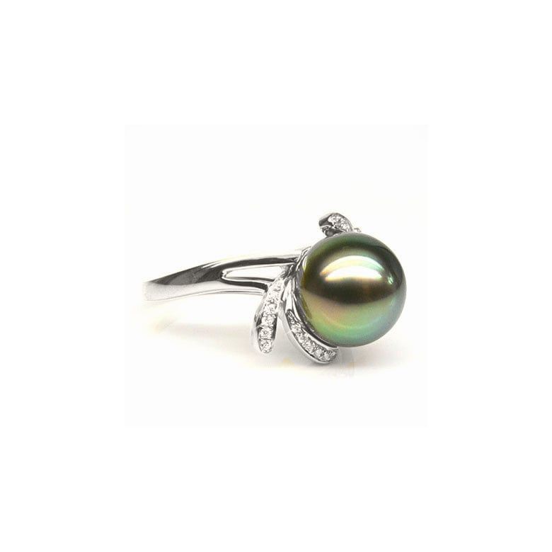 Anello Fiore - Oro Bianco, Diamanti e Perla di Tahiti - 4