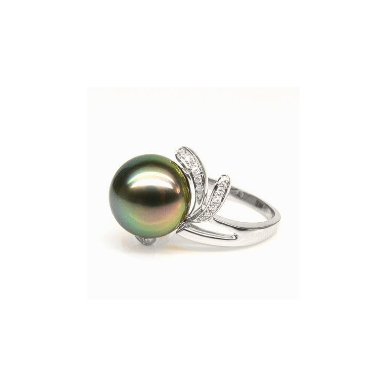 Anello Fiore - Oro Bianco, Diamanti e Perla di Tahiti - 5