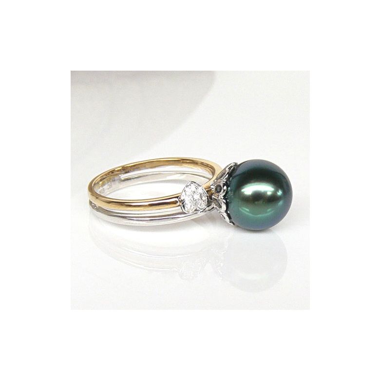 Anello oro bianco e giallo - Perla di Tahiti nera, pavone - 9.5/10mm - 2