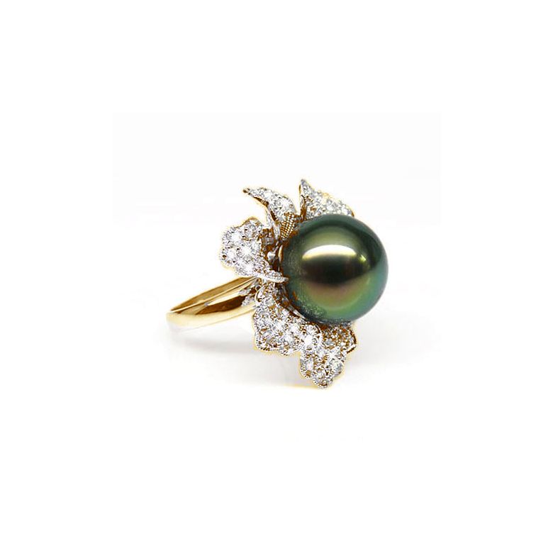 Anello Petali - Oro Giallo, Diamanti e Perla di Tahiti - 1