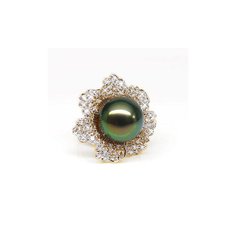 Anello Petali - Oro Giallo, Diamanti e Perla di Tahiti - 2