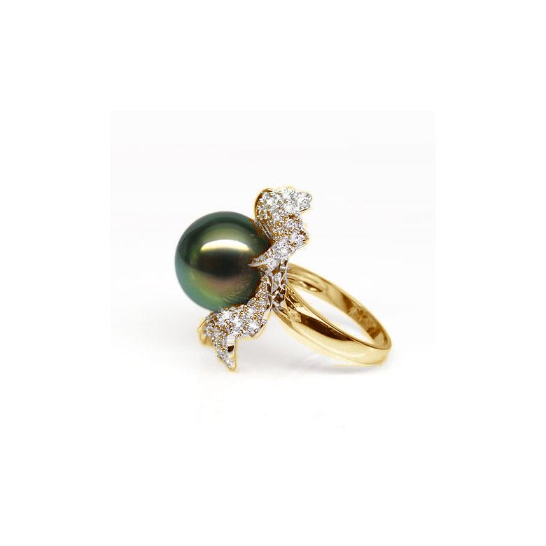 Anello Petali - Oro Giallo, Diamanti e Perla di Tahiti - 4